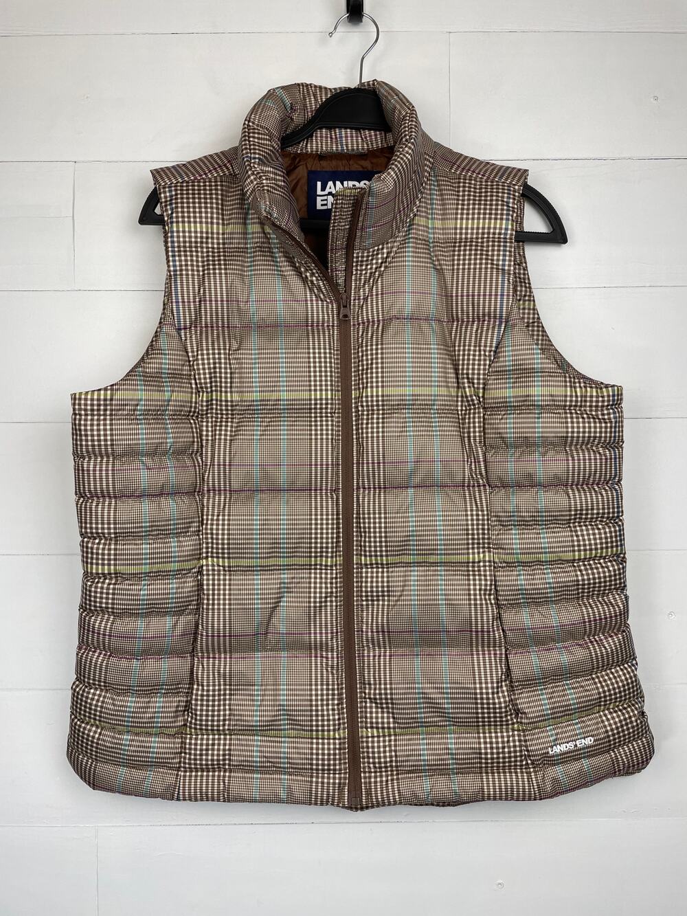Lands' End Women's Down Puffer Vest Size L 14-16 Brown Plaid Full Zip 518679